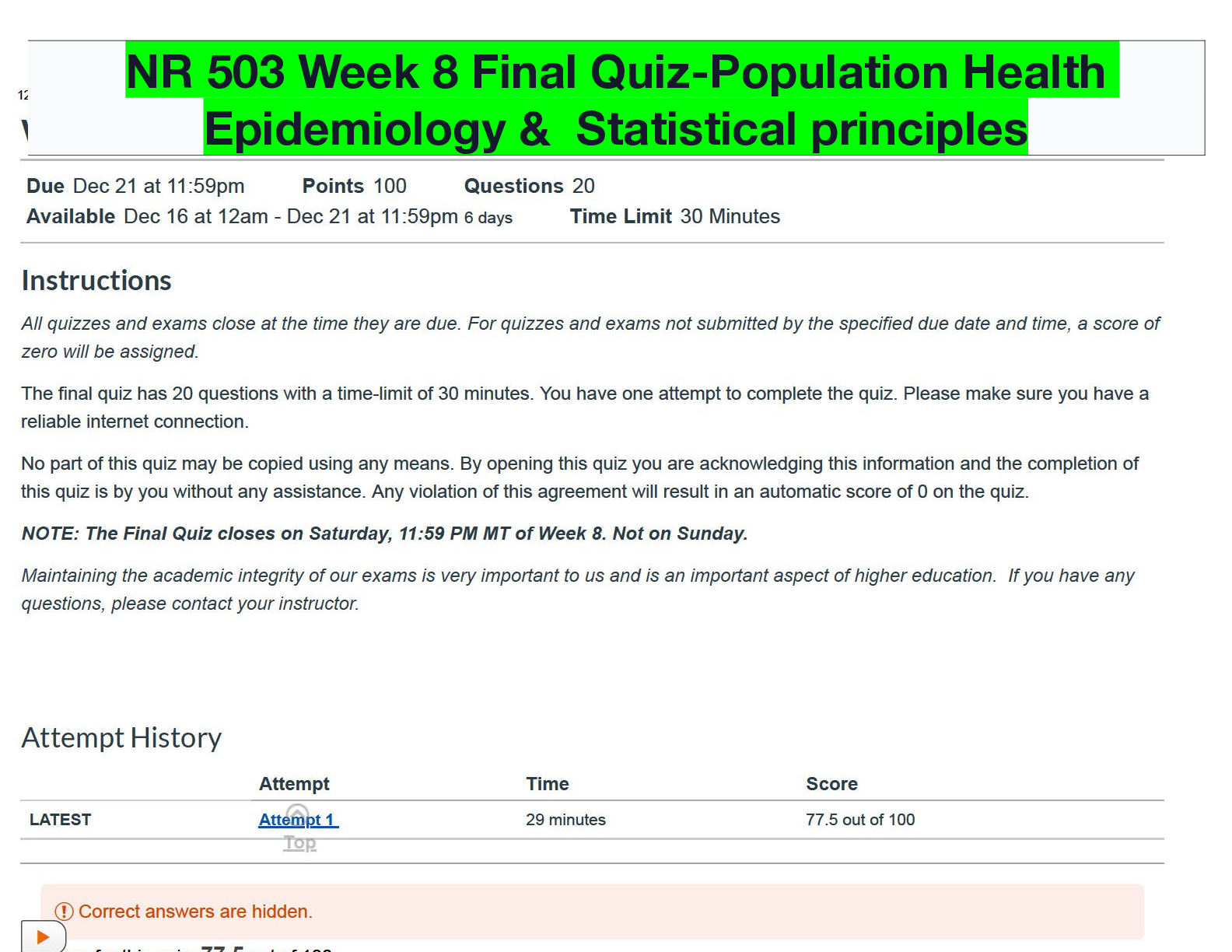Preview of NR 503 Week 8 Final Quiz-Population Health Epidemiology &  Statistical principles